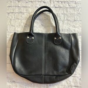 BLACK PEBBLE GRAIN LEATHER TOTE BAG WITH WHITE STITCHING MADE IN INDIA
